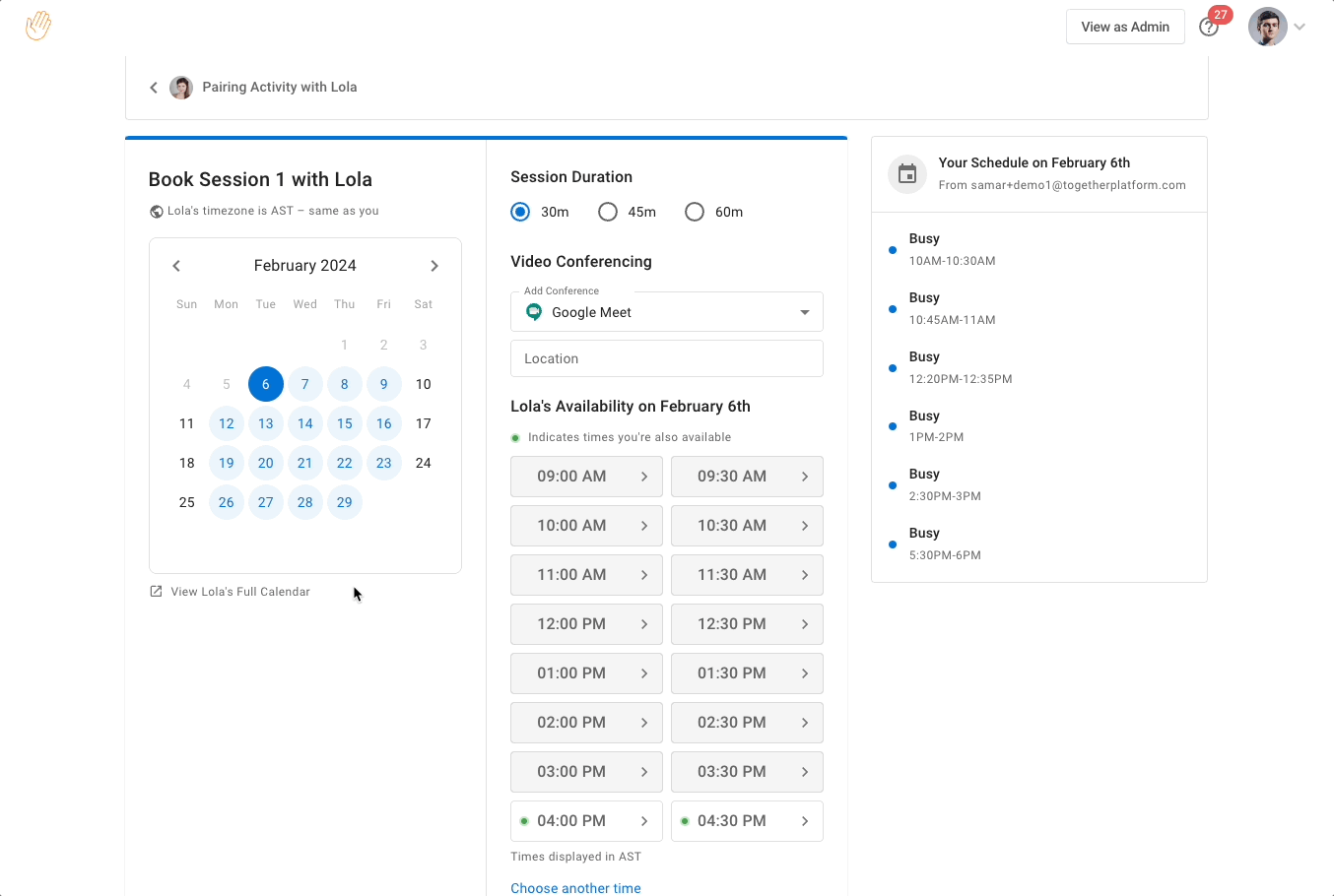 Scheduling mentoring sessions in Together