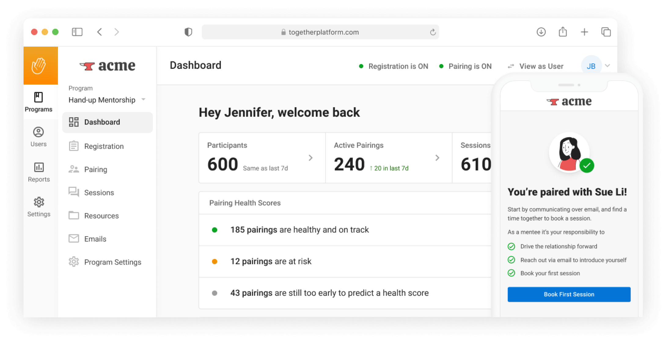 A screenshot of Together's mentoring dashboard showing 600 participants, 240 active pairings, and other details of the well being mentorship program. Together mobile interface also shows a mentor-mentee pairing.