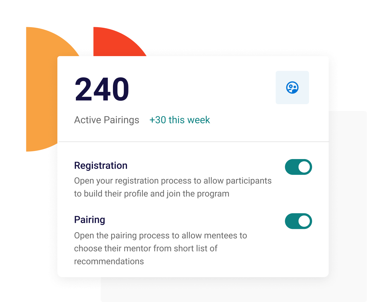Product screenshot of Together's platform showing 240 active pairings in a mentoring program