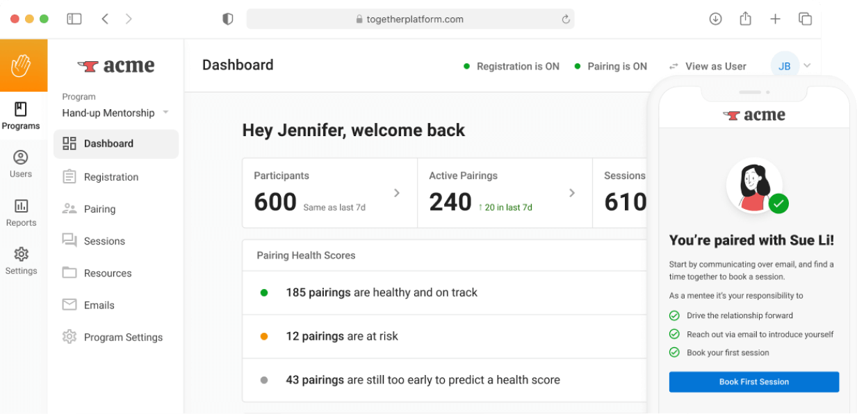 A screenshot of Together's mentoring dashboard showing 600 participants, 240 active pairings, and other details of the well being mentorship program. Together mobile interface also shows a mentor-mentee pairing.