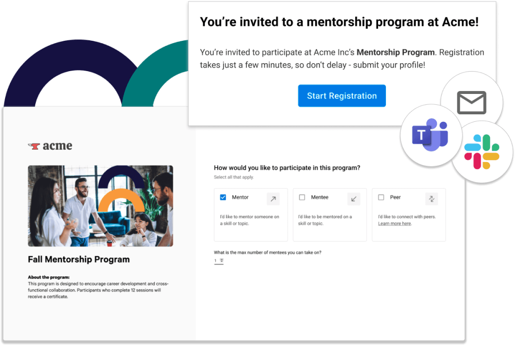 Screenshot of mentorship program registration screens