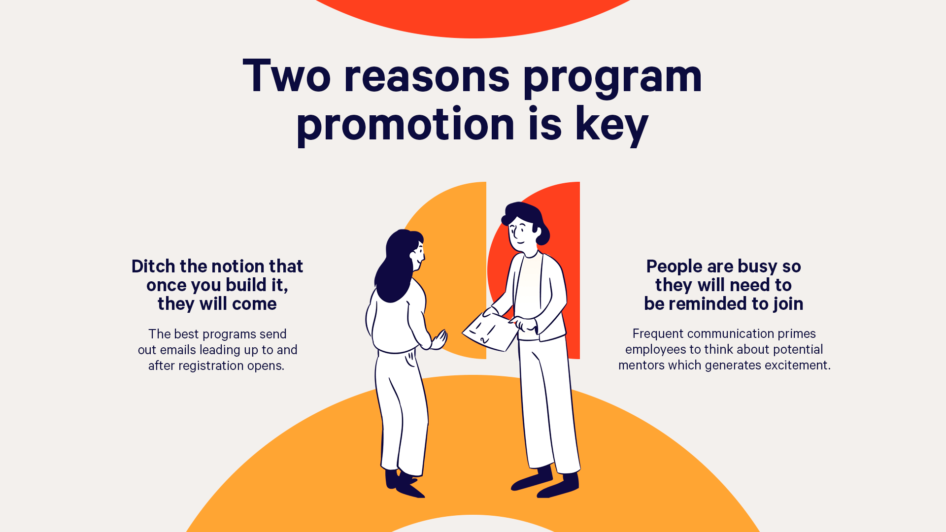 There are two ways to promote a mentorship program: Frequent reminders and sharing who will be mentors.