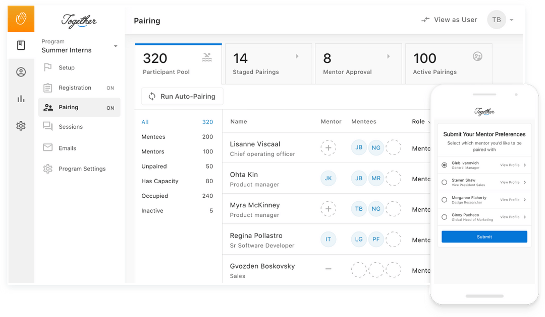 Together's mentoring dashboard