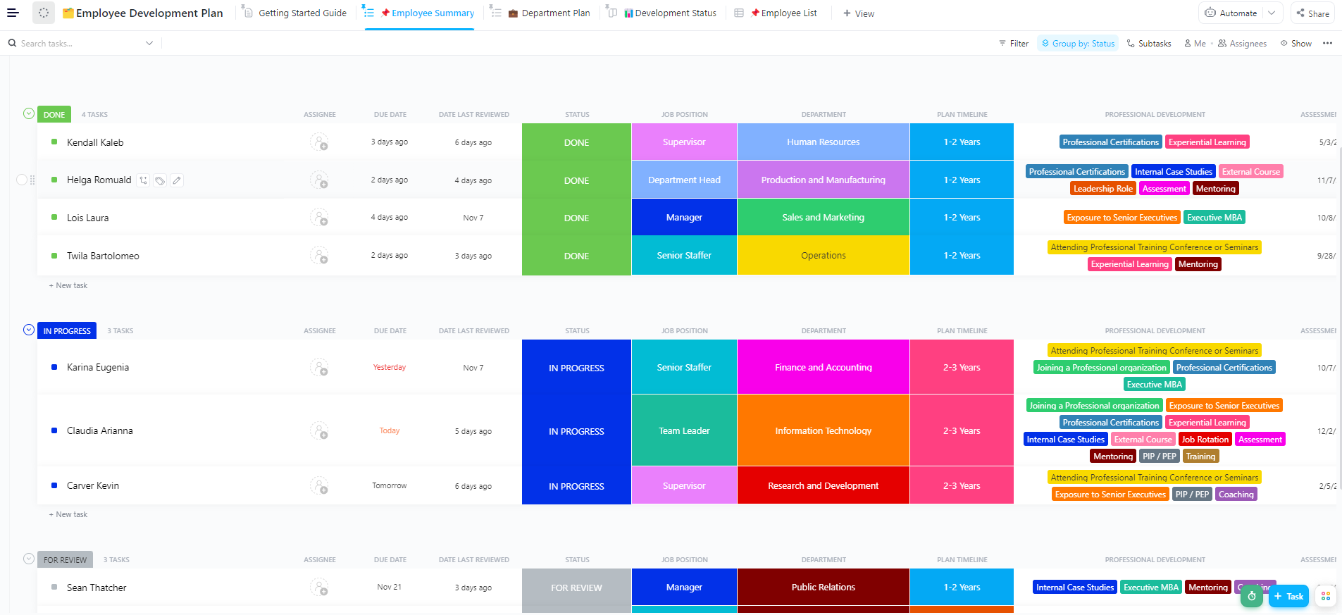 Screenshot of ClickUp's employee development plan template